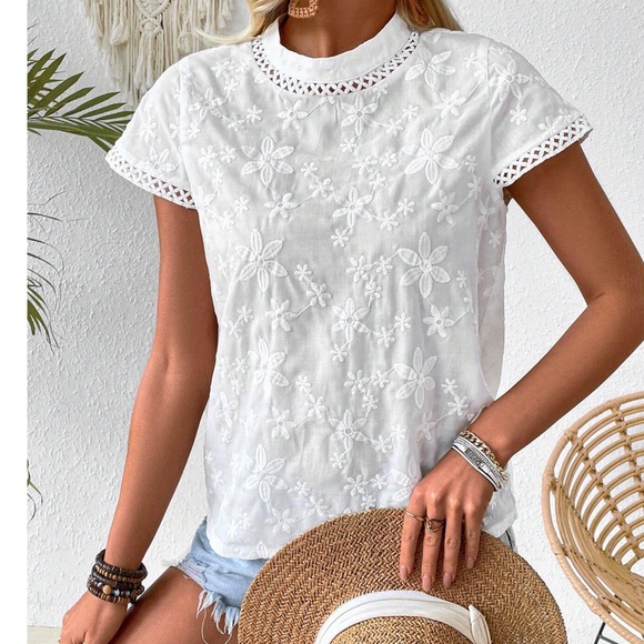 Boho Floral Embroidered Lace Short Sleeve Top - Picture 4 of 7